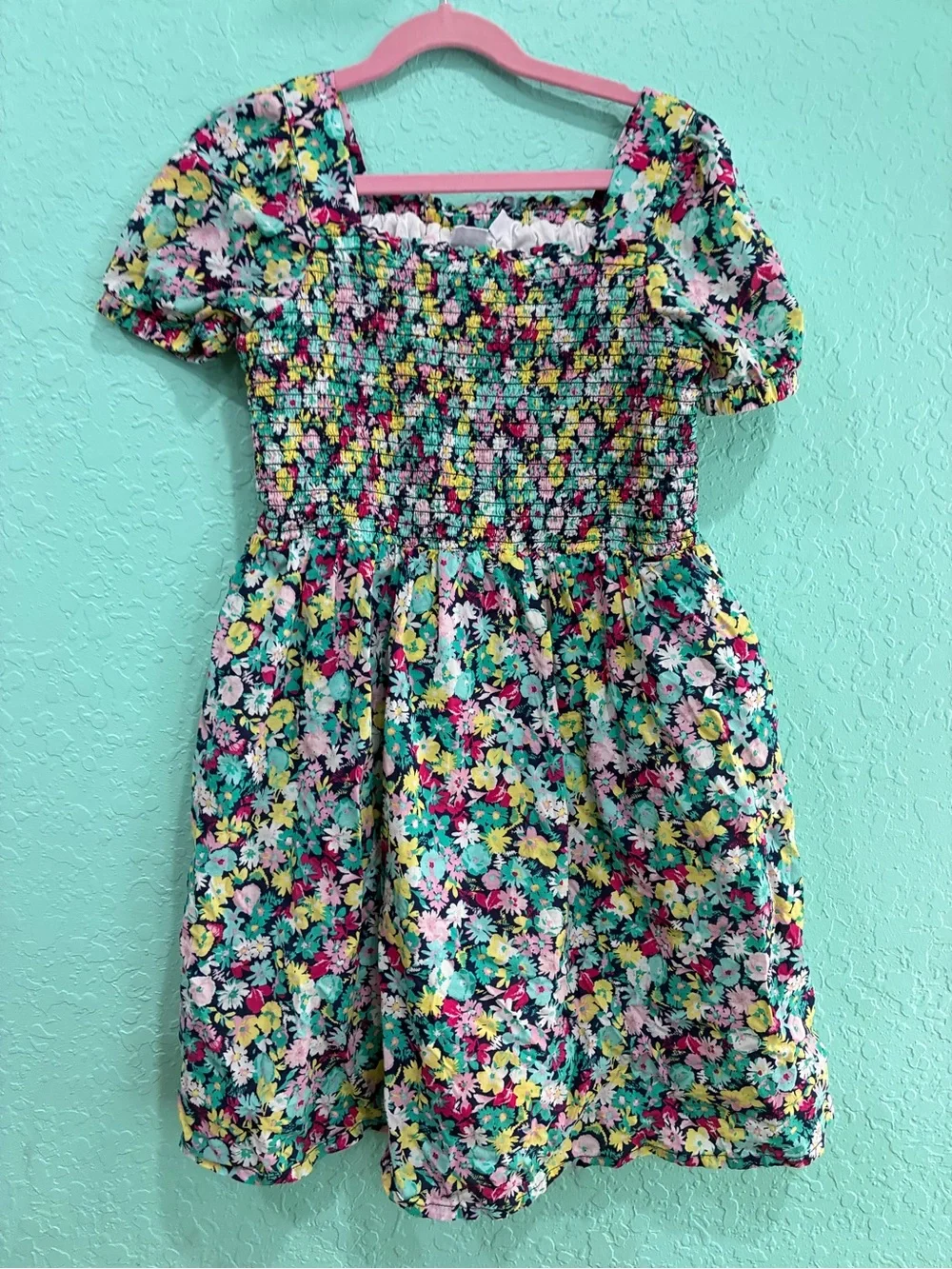 Gap girls L 10/12 Smocked Floral Short-Sleeve Kids Dress - Green Multi summer